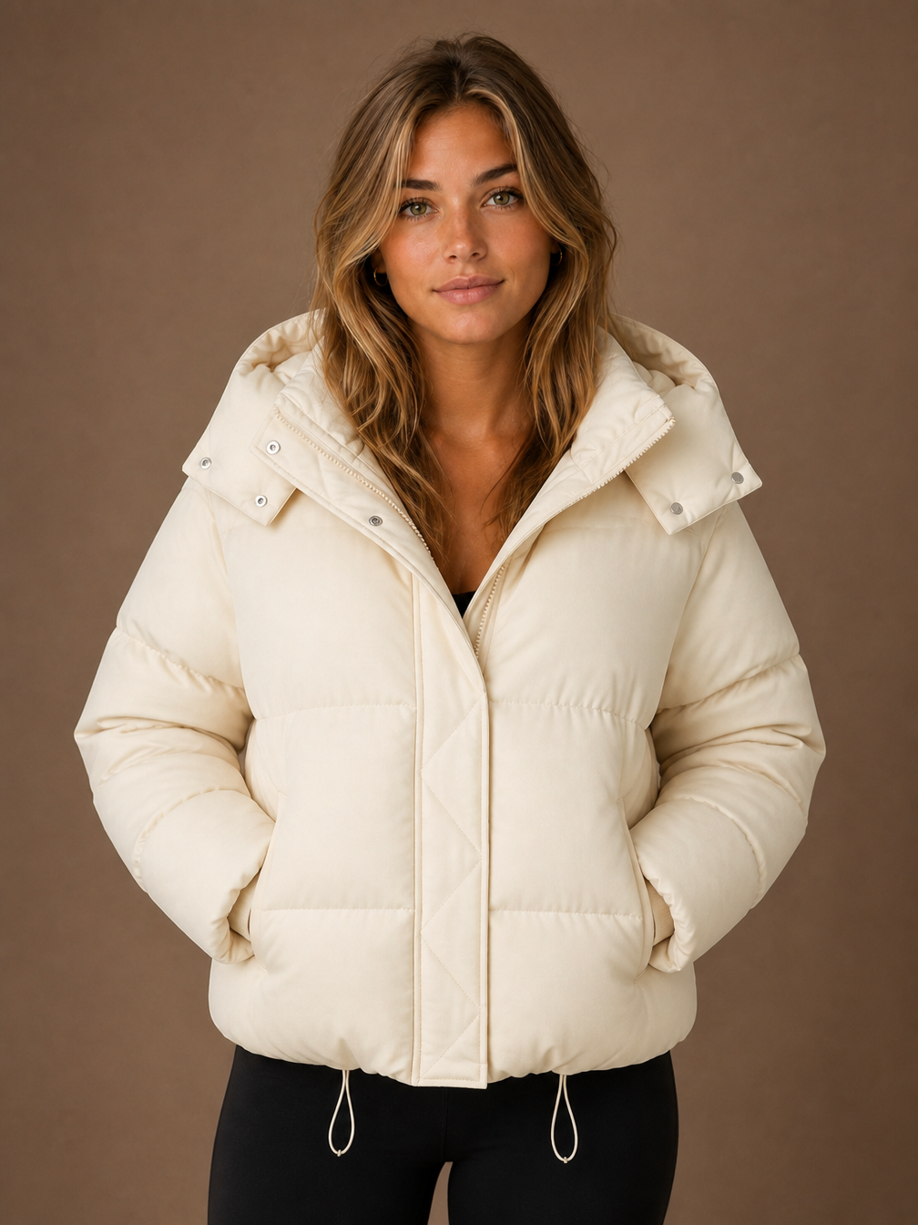 Women's Oversized Hooded Puffer Jacket – Short Padded Winter Coat - Beige
