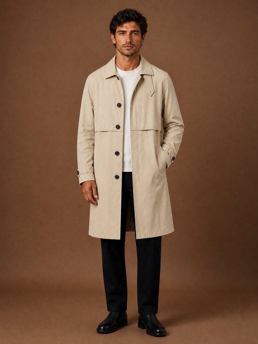 Men's Mid-Length Trench Coat Overcoat for Transitional Seasons - Beige