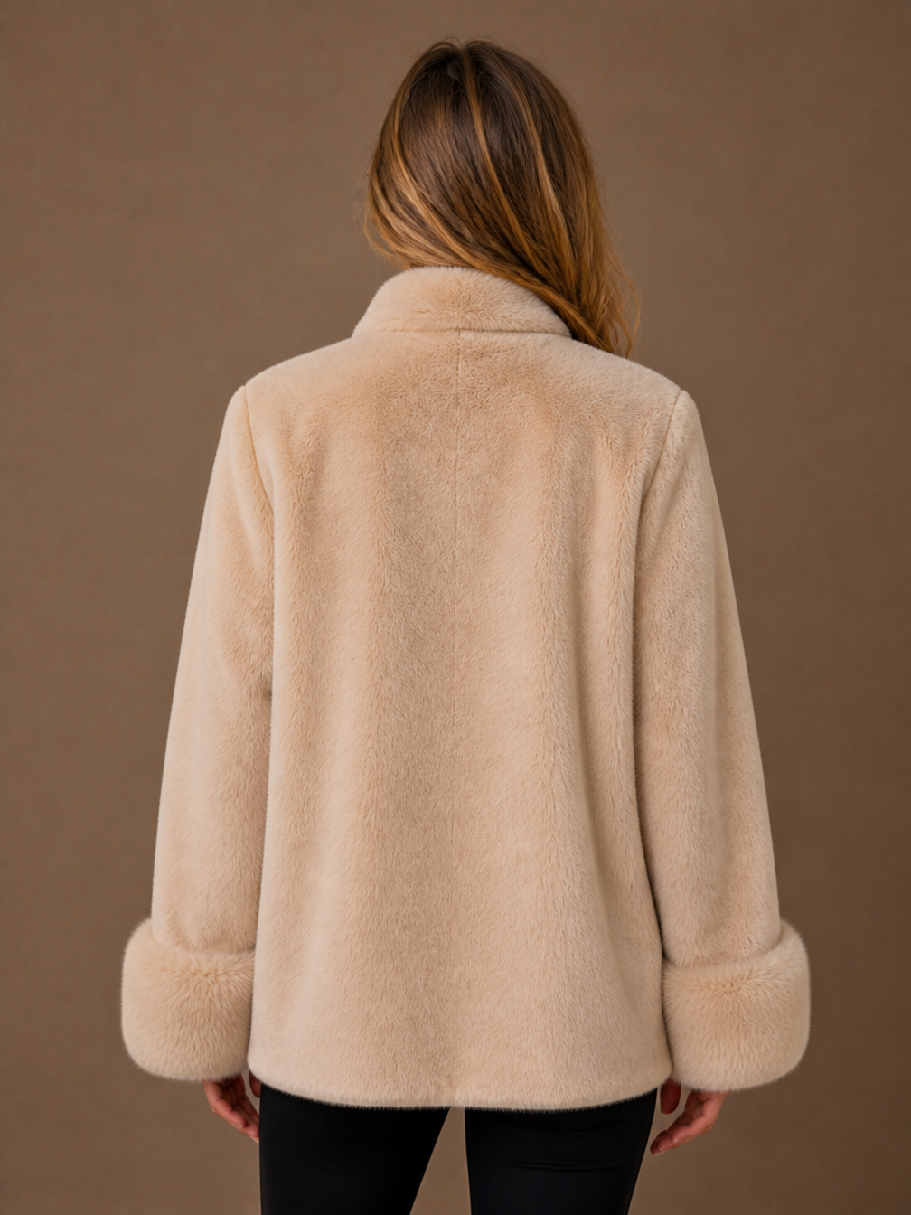 Women's Faux Suede Jacket with Faux Fur Cuffs Relaxed Fit Beige - Beige - Back View [AI-OPT:4cc918b3-6778-437a-b336-0aee86f6b3e2]