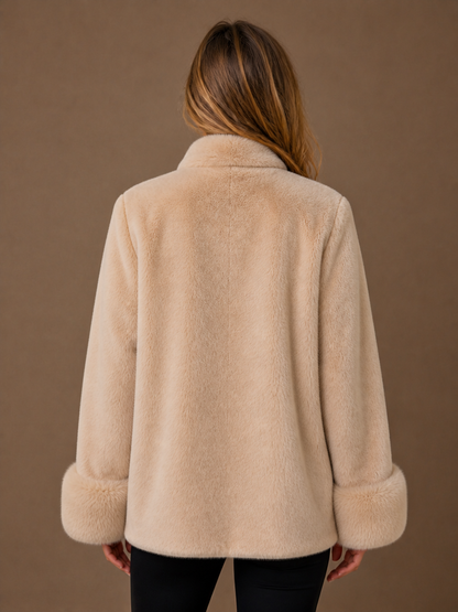 Women's Faux Suede Jacket with Faux Fur Cuffs Relaxed Fit Beige - Beige - Back View [AI-OPT:4cc918b3-6778-437a-b336-0aee86f6b3e2]