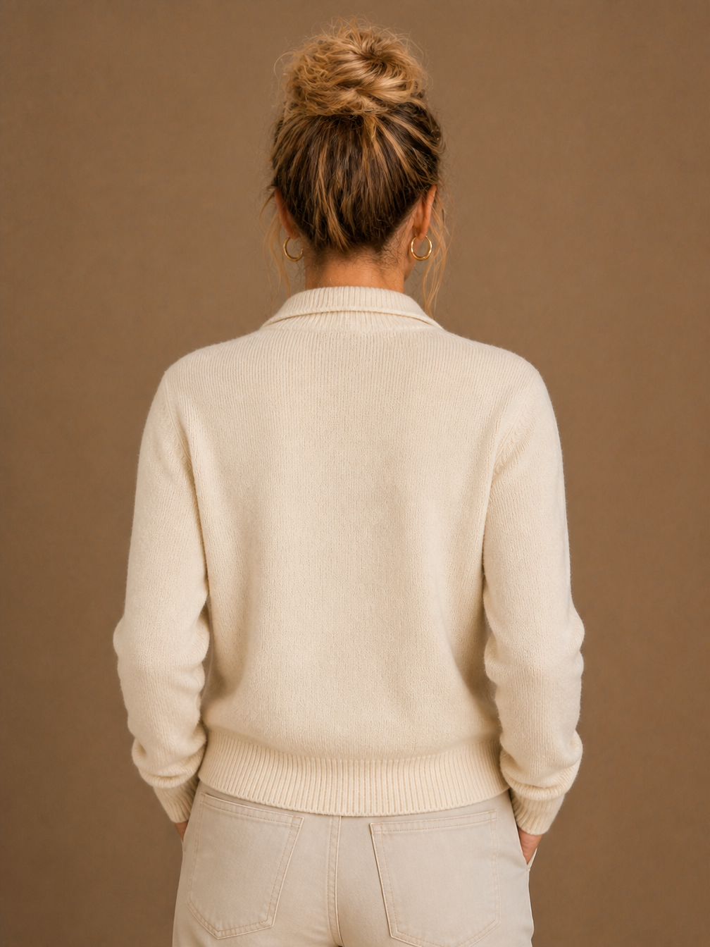 Women's Thick Cashmere Blend Cardigan with Bold Buttons and Half-High Neck - Beige - Back View [AI-OPT:70328978-4134-4343-94c2-f5872619badb]