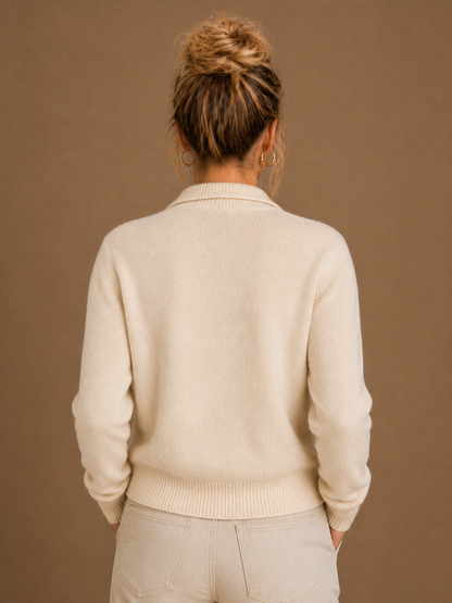 Women's Thick Cashmere Blend Cardigan with Bold Buttons and Half-High Neck - Beige - Back View [AI-OPT:70328978-4134-4343-94c2-f5872619badb]