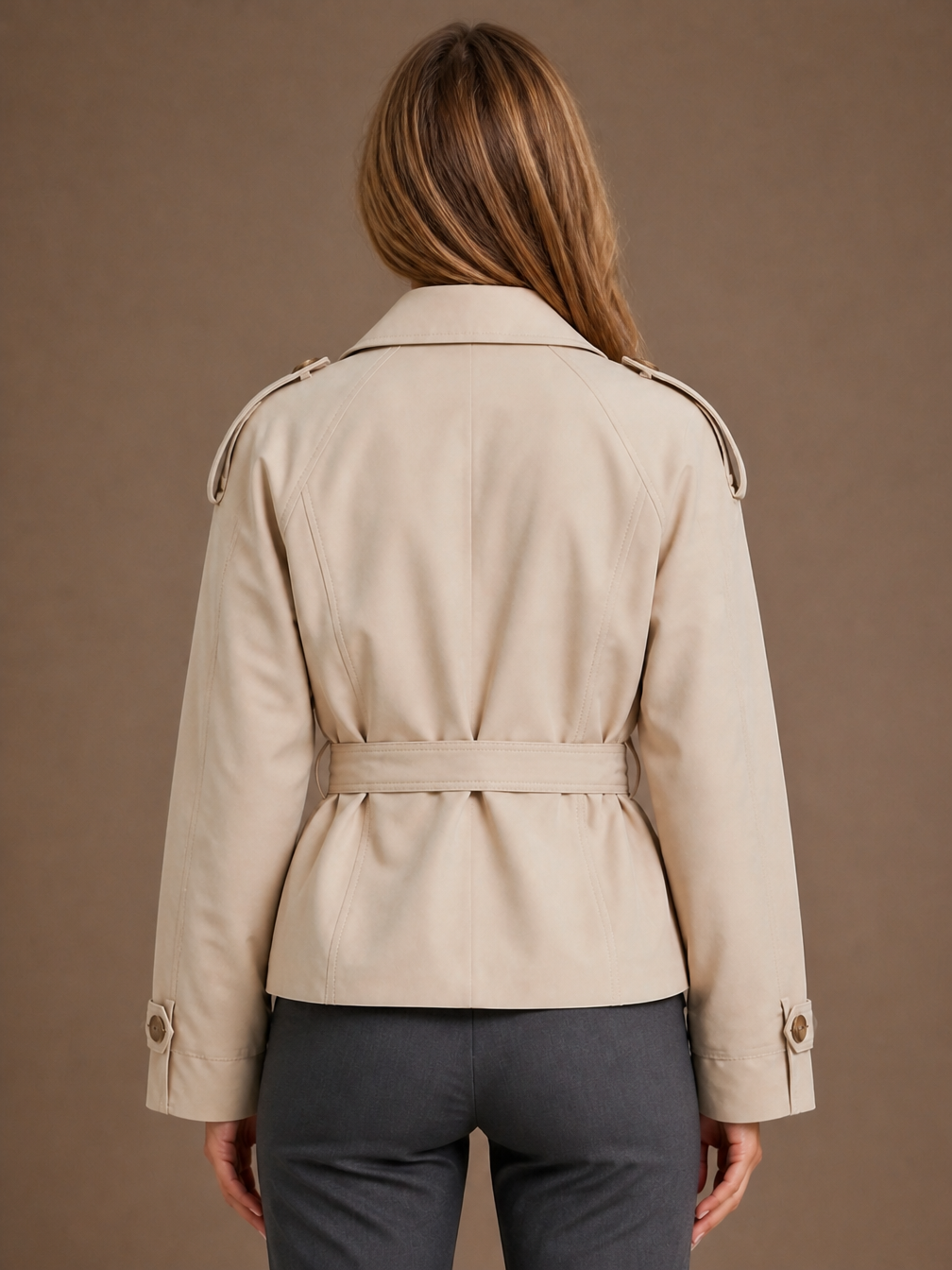 Women's Cropped Trench Coat with Funnel Neck, Structured Tailored Fit, Fully Lined Sand - Beige - Back View [AI-OPT:7427c2dd-d58f-4466-b77c-60919f3db287]