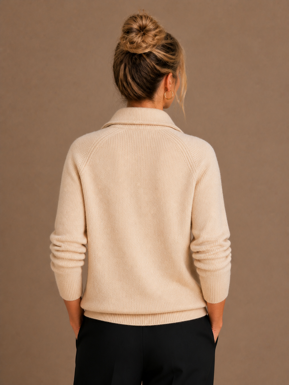 Women's Pure Cashmere Half-Zip Knitted Pullover Sweater with Long Sleeves - Beige - Back View [AI-OPT:f076ebb6-216e-46ab-9a59-11e168cf06e5]