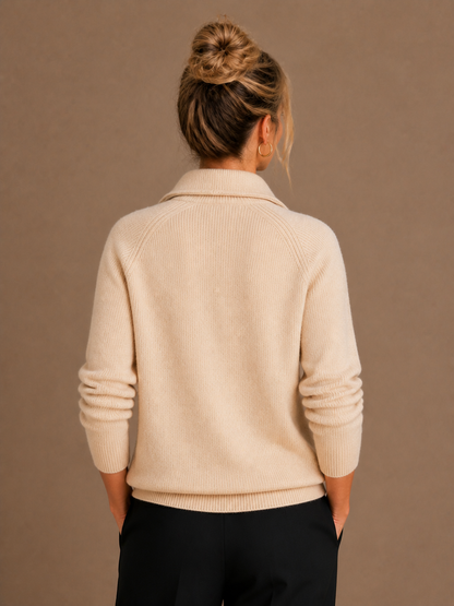 Women's Pure Cashmere Half-Zip Knitted Pullover Sweater with Long Sleeves - Beige - Back View [AI-OPT:f076ebb6-216e-46ab-9a59-11e168cf06e5]