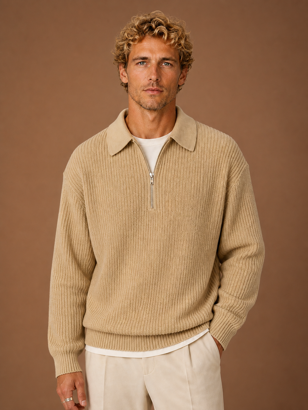 Men's Quarter Zip Sweater Oversized Knit Pullover with Long Sleeves - Beige