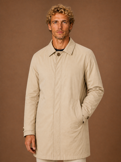 Men's Lightweight Water-Resistant Trench Coat with Concealed Closure - Beige