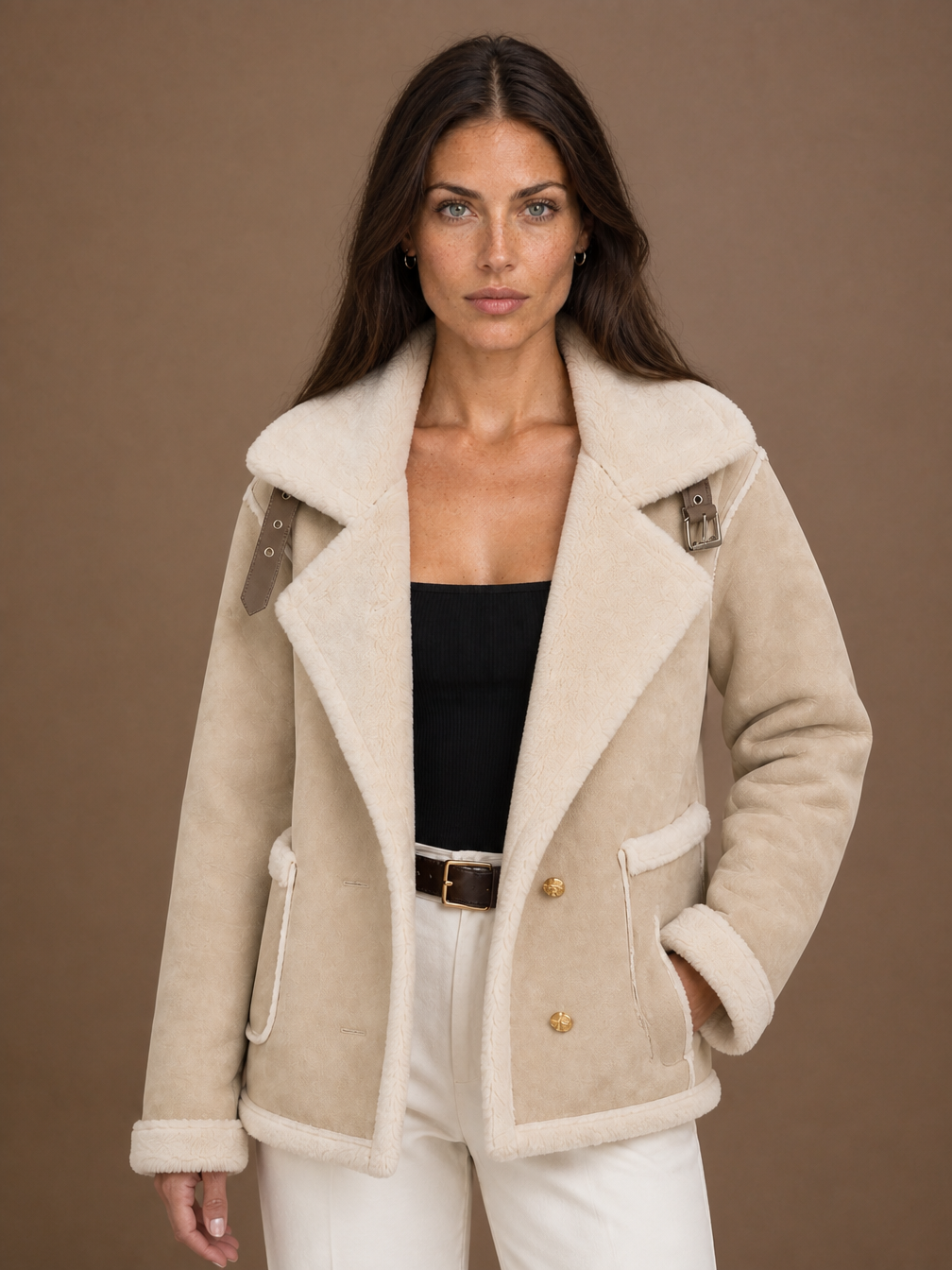 Women's Aviator Jacket with Signature Collar, Zip Front and Tailored Fit - Beige