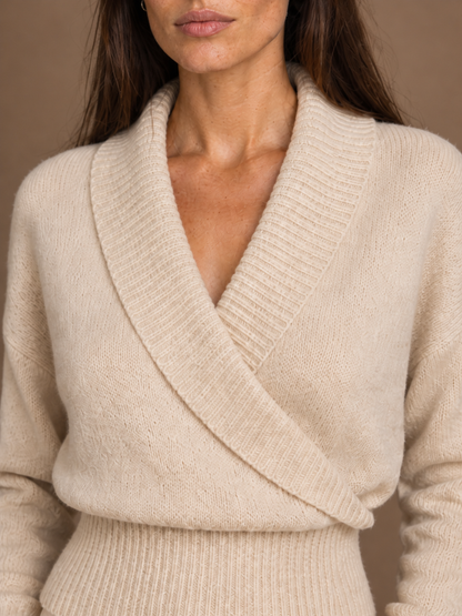 Women's Wrap Sweater with Shawl Collar, V-Neck and Ribbed Knit - Beige - Detail Close-Up [AI-OPT:62faf554-880b-46e1-8ff2-595d92bea352]