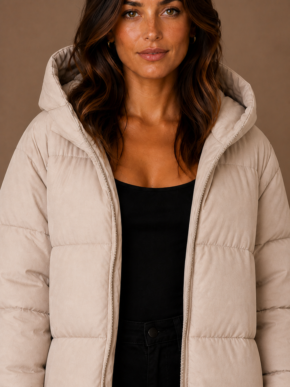 Women's Longline Hooded Puffer Coat – Knee-Length Padded Winter Coat - Beige - Detail Close-Up [AI-OPT:60e01b62-008e-494a-8b64-d26b422b9fb6]