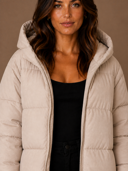Women's Longline Hooded Puffer Coat – Knee-Length Padded Winter Coat - Beige - Detail Close-Up [AI-OPT:60e01b62-008e-494a-8b64-d26b422b9fb6]