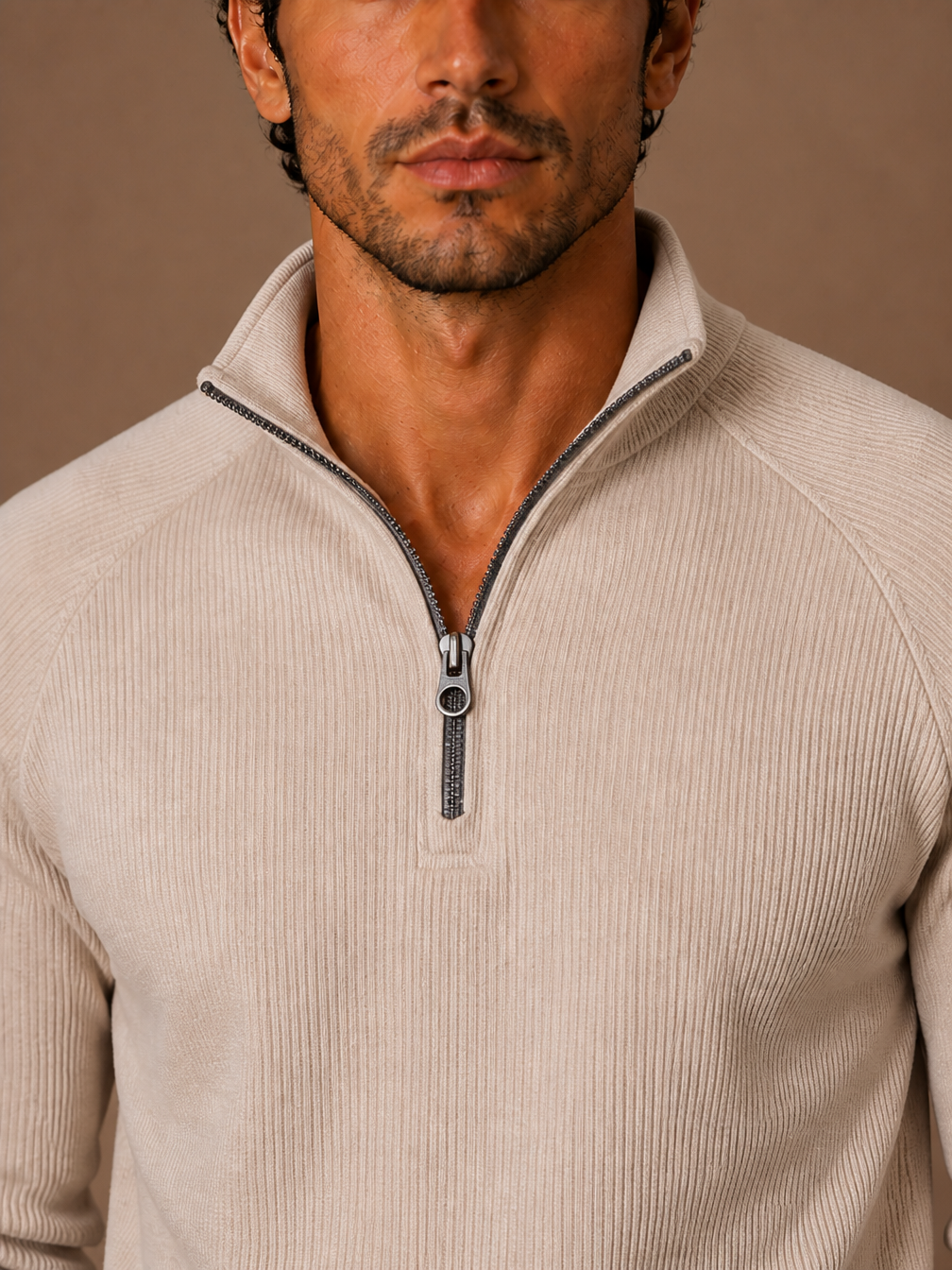 Men's Quarter-Zip Fleece Sweatshirt with Stand Collar- Ribbed Texture Zipper Jumper - Beige - Detail Close-Up [AI-OPT:48e3c1ef-aa93-4194-acec-7e93d1b1d109]