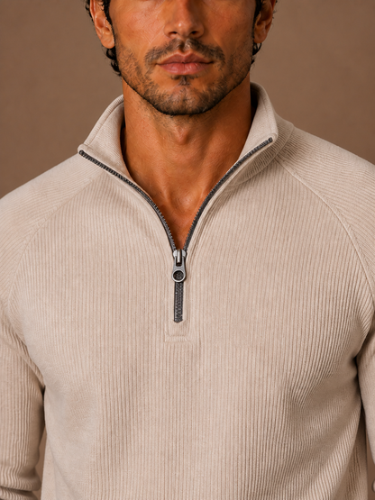 Men's Quarter-Zip Fleece Sweatshirt with Stand Collar- Ribbed Texture Zipper Jumper - Beige - Detail Close-Up [AI-OPT:48e3c1ef-aa93-4194-acec-7e93d1b1d109]