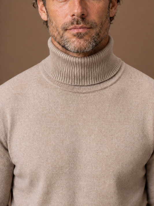 Men’s Classic Turtleneck Sweater - Regular Fit Jumper with Stretch - Beige - Detail Close-Up [AI-OPT:8a224a37-aa0a-4ac6-98f4-6599f4f1e09b]