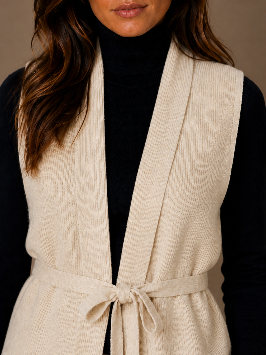 Women's Wool Cashmere Cardigen - Waistcoat Knit Layering Vest with Tie Belt - Beige - Detail Close-Up [AI-OPT:356f8ef3-273b-4766-a635-e24951d39a5b]
