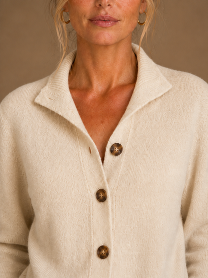 Women's Thick Cashmere Blend Cardigan with Bold Buttons and Half-High Neck - Beige - Detail Close-Up [AI-OPT:caa79411-ce0d-48c2-a45f-8c432907ac7b]