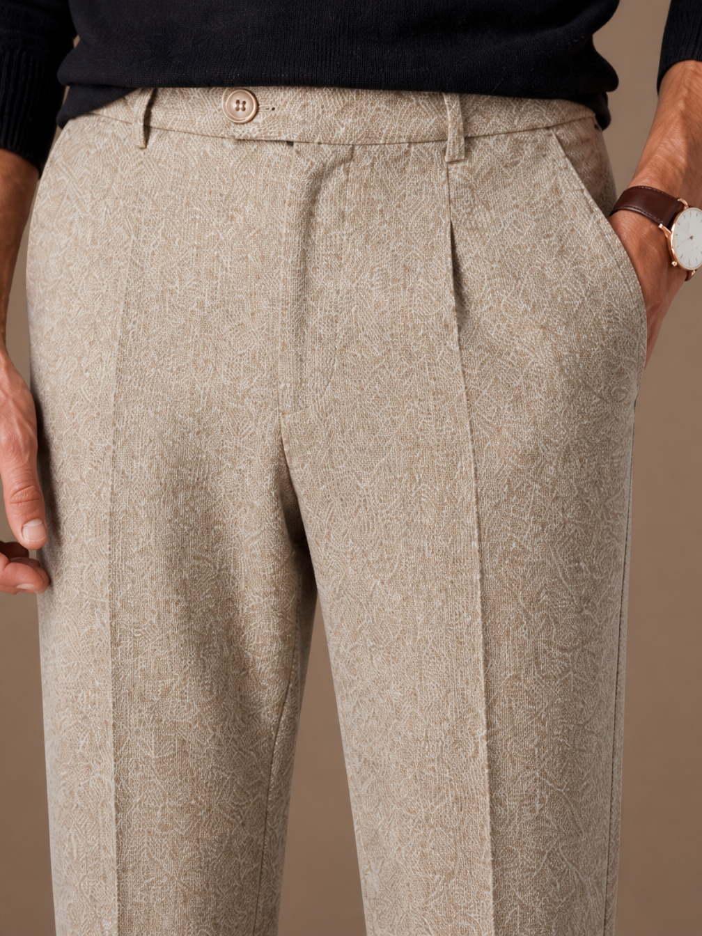 Men’s Tailored Fit Wool Trousers - Slim Fit Knit Pants for Casual Wear and Office - Beige - Detail Close-Up [AI-OPT:5eea9b01-fb12-4e0a-9b8b-cd07ddf1f30a]