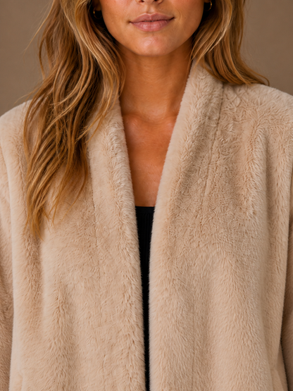 Women's Faux Suede Jacket with Faux Fur Cuffs Relaxed Fit Beige - Beige - Detail Close-Up [AI-OPT:2b9cfdba-cf1e-4028-af36-76ebc24b1d2d]