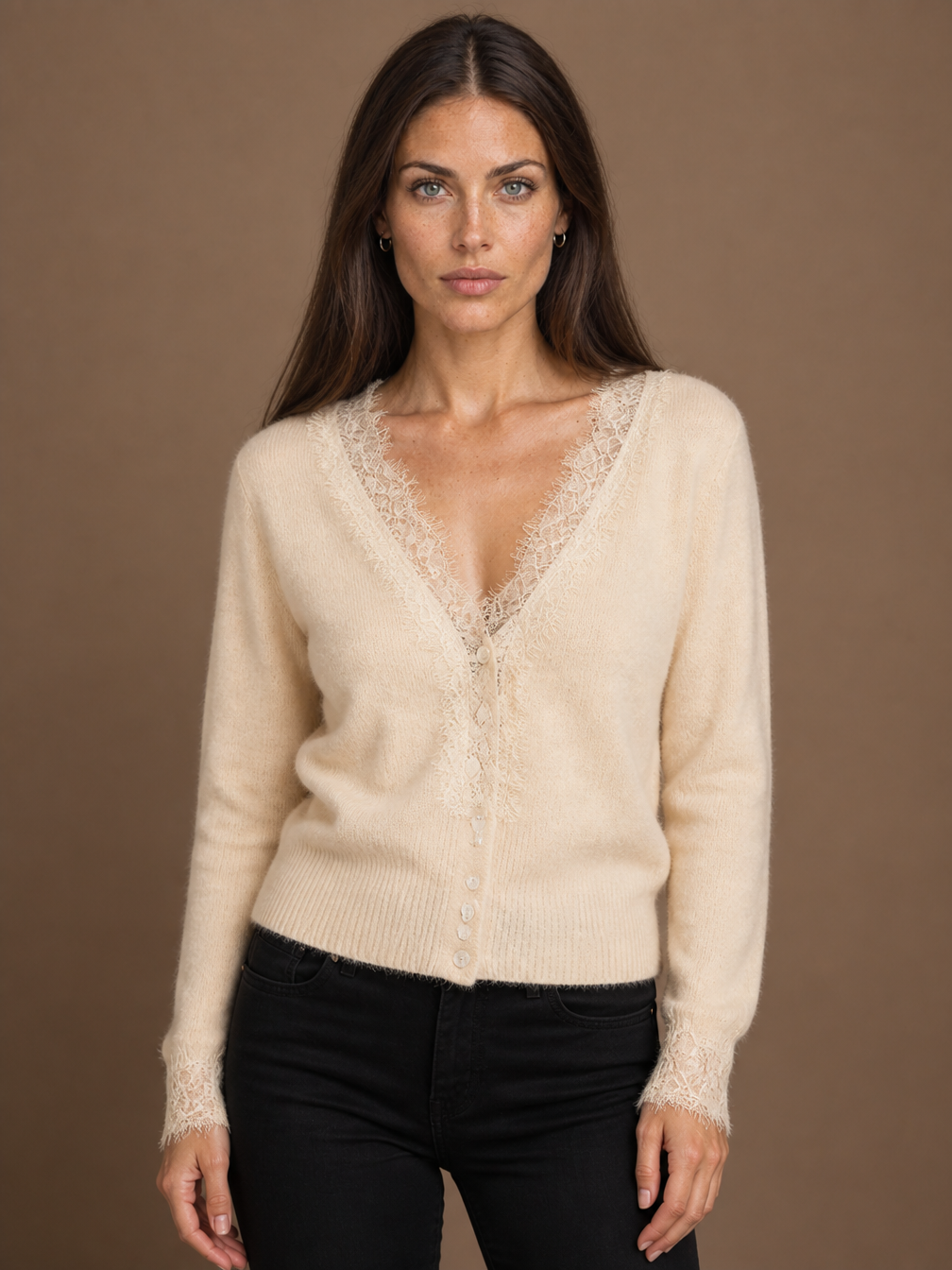 Women's V-Neck Knit Cardigan - Lace Trim Sweater with Button Front - Beige