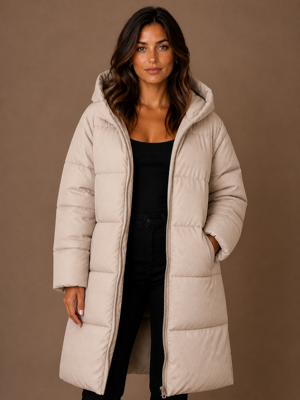 Women's Longline Hooded Puffer Coat – Knee-Length Padded Winter Coat - Beige
