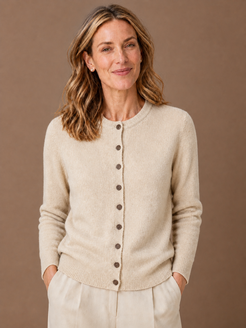 Women's Merino Wool Blend Cardigan - Button Front Knitted Sweater - Beige