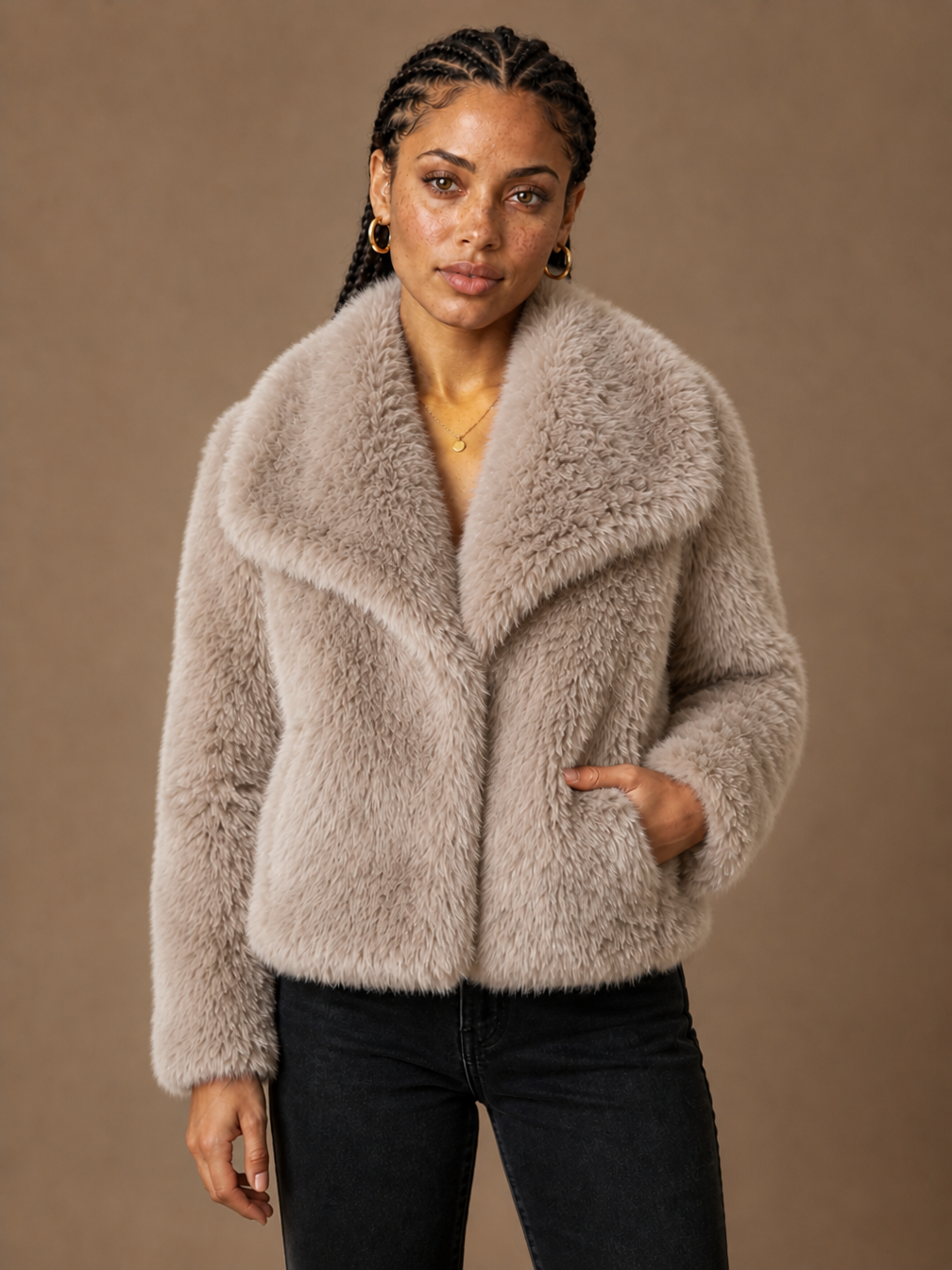 Women's Cropped Faux Fur Jacket with Shawl Collar for Autumn/Winter - Beige Gray