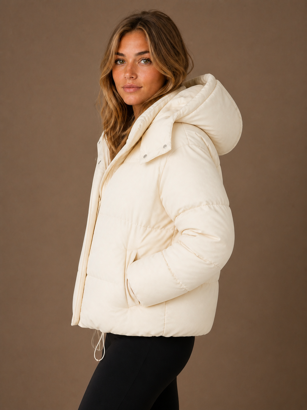Women's Oversized Hooded Puffer Jacket – Short Padded Winter Coat - Beige - Side View [AI-OPT:3d6bfff7-584b-4bb6-b443-604b9cdf7347]