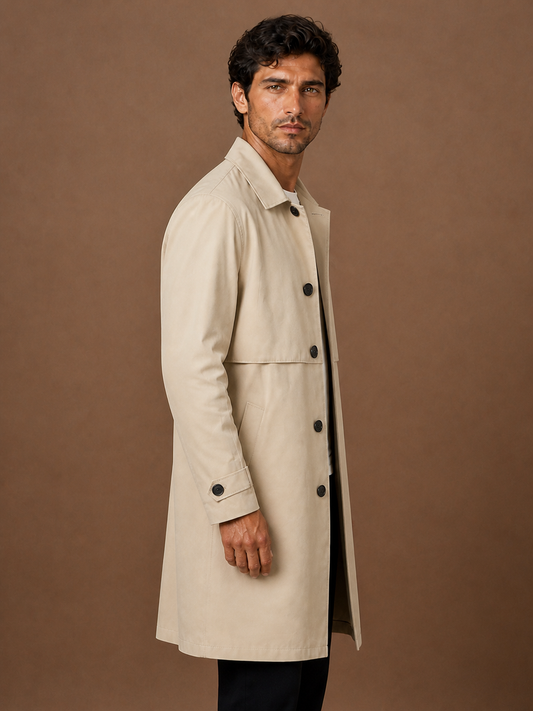 Men's Mid-Length Trench Coat Overcoat for Transitional Seasons - Beige - Side View [AI-OPT:874f4ff0-5f7f-4b58-b59a-c3a60659a50b]