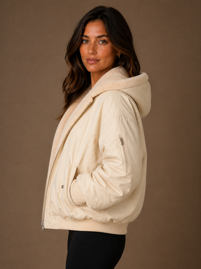 Women's Oversized Hooded Puffer Jacket - Warm Plush Trim Coat with Stand Collar, Zip Front and Pockets - Beige - Side View [AI-OPT:06577ca1-3731-4b19-9704-7d97d7e36b94]