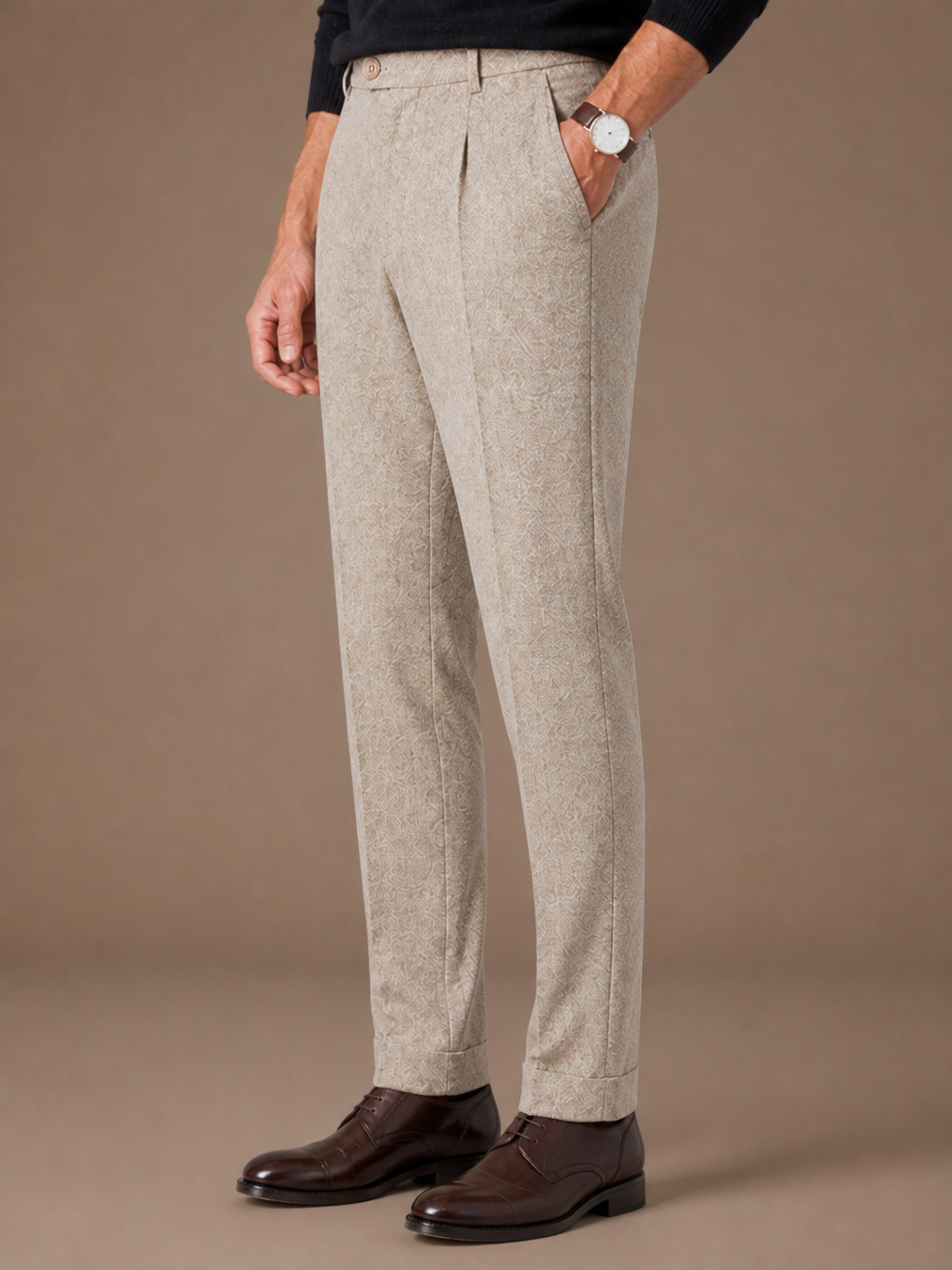 Men’s Tailored Fit Wool Trousers - Slim Fit Knit Pants for Casual Wear and Office - Beige - Side View [AI-OPT:d4906c70-2628-4894-b8b1-19b738344f7f]