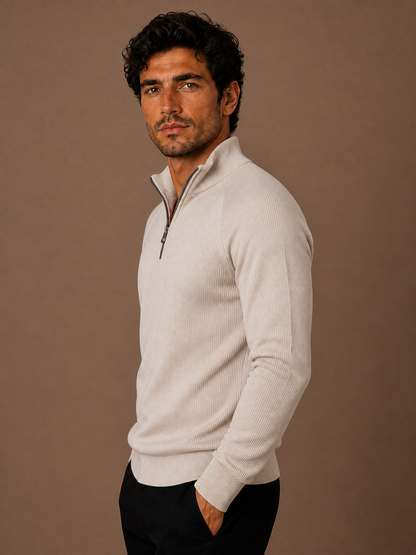 Men's Quarter-Zip Fleece Sweatshirt with Stand Collar- Ribbed Texture Zipper Jumper - Beige - Side View [AI-OPT:9d3639af-fba6-43b6-a9cb-1cfa181e3f40]