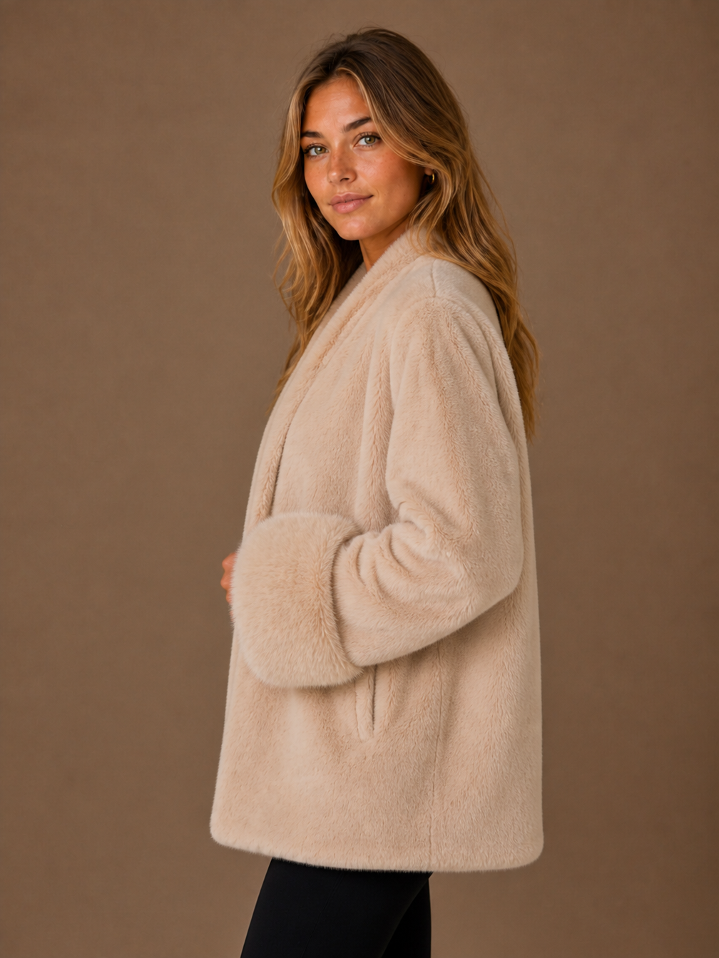 Women's Faux Suede Jacket with Faux Fur Cuffs Relaxed Fit Beige - Beige - Side View [AI-OPT:a52de79c-b2e6-4aab-9969-b05e6f63d903]