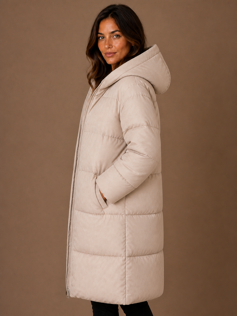 Women's Longline Hooded Puffer Coat – Knee-Length Padded Winter Coat - Beige - Side View [AI-OPT:c22ec937-f6ac-4706-b510-cd02578aaee0]