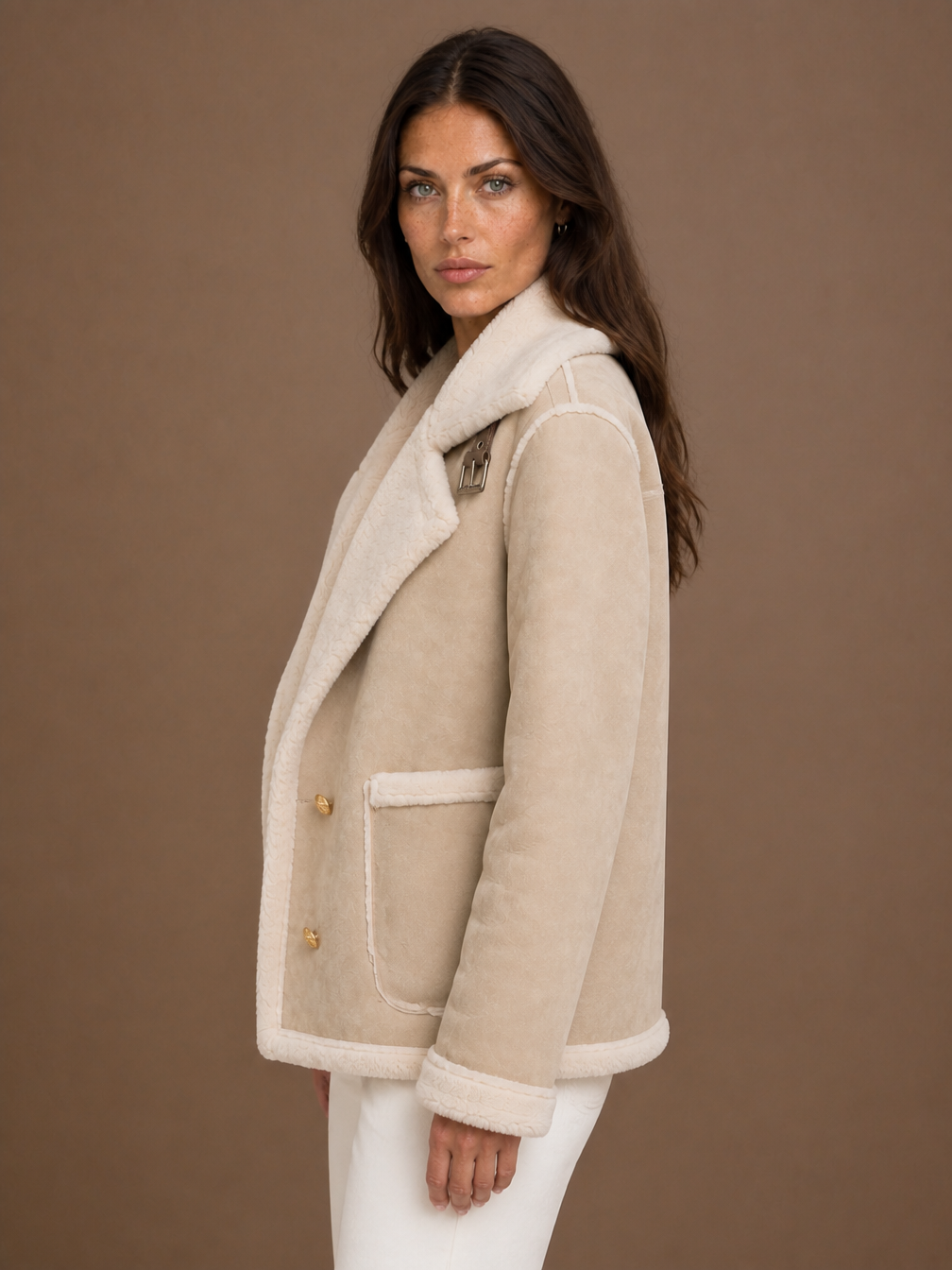 Women's Aviator Jacket with Signature Collar, Zip Front and Tailored Fit - Beige - Side View [AI-OPT:f787971e-95a4-45f0-b170-1732b7f8d43f]