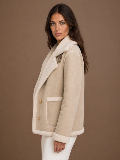 Women's Aviator Jacket with Signature Collar, Zip Front and Tailored Fit - Beige - Side View [AI-OPT:f787971e-95a4-45f0-b170-1732b7f8d43f]