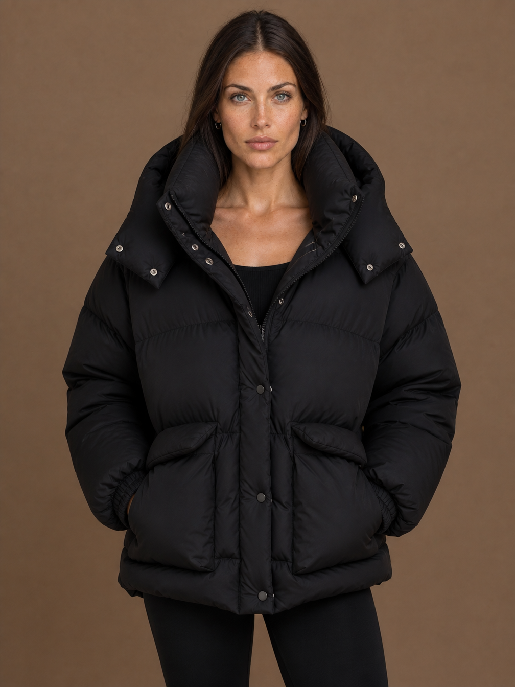 Women's Oversized Quilted Hooded Puffer Jacket with Storm Flap and Zip Pockets - Black