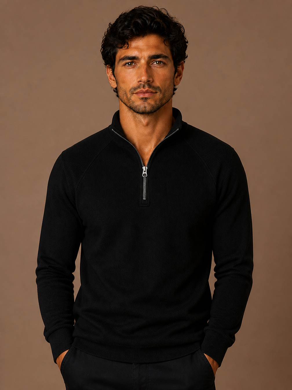 Men's Quarter-Zip Fleece Sweatshirt with Stand Collar- Ribbed Texture Zipper Jumper - Black