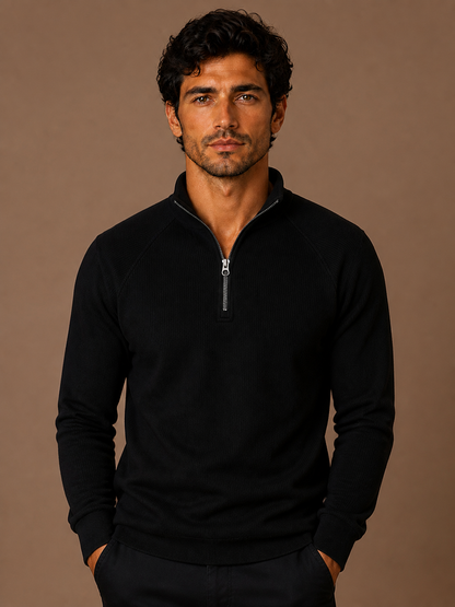 Men's Quarter-Zip Fleece Sweatshirt with Stand Collar- Ribbed Texture Zipper Jumper - Black