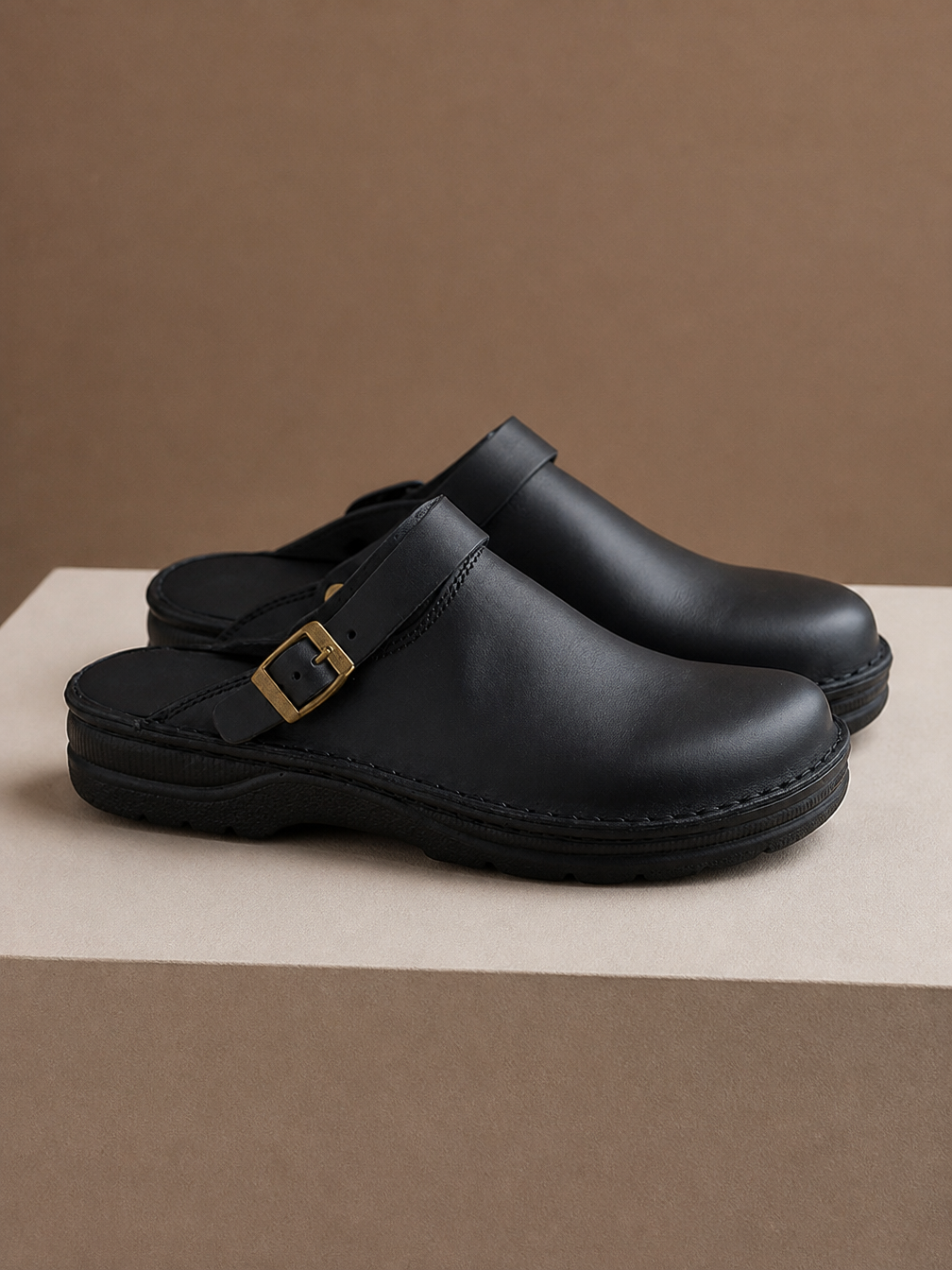 Men's Leather Clogs Slip-On Buckle Strap Cushioned Orthopaedic Insole Slippers - Black
