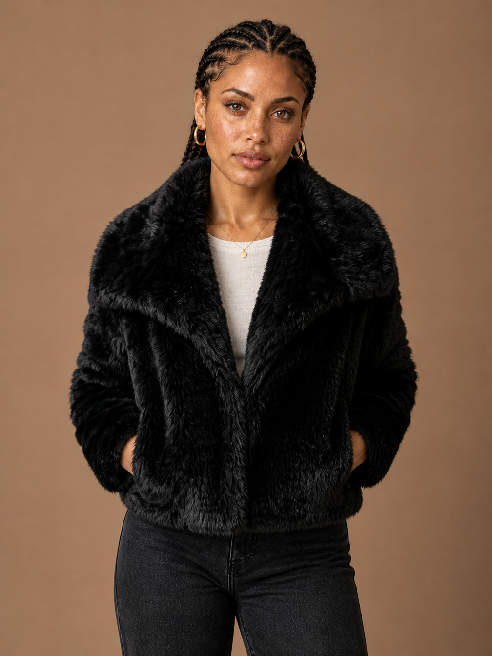Women's Cropped Faux Fur Jacket with Shawl Collar for Autumn/Winter - Black