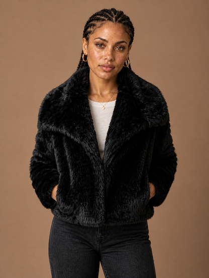 Women's Cropped Faux Fur Jacket with Shawl Collar for Autumn/Winter - Black