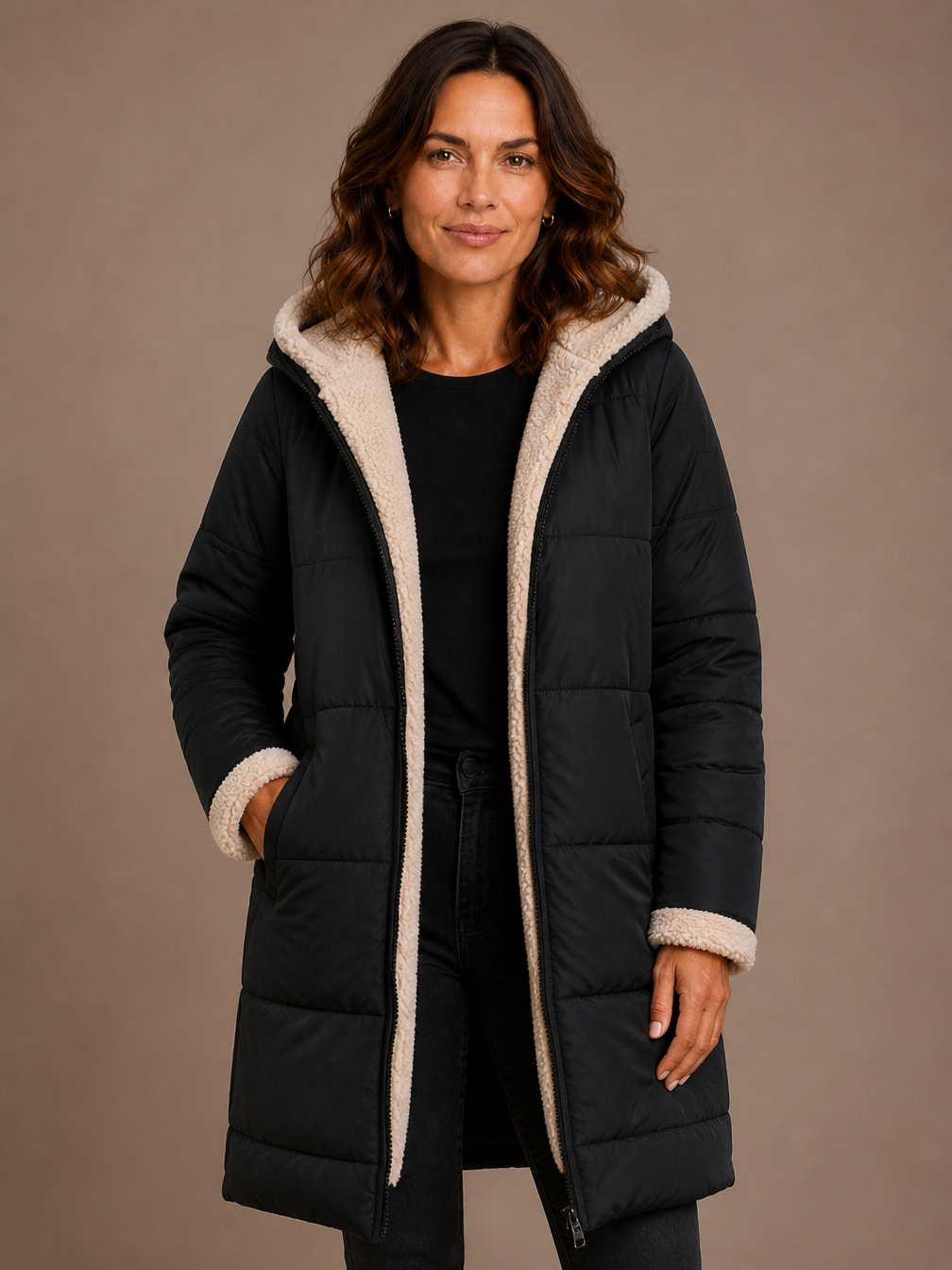 Women's Quilted Longline Coat with Hood and Sherpa Lining - Black