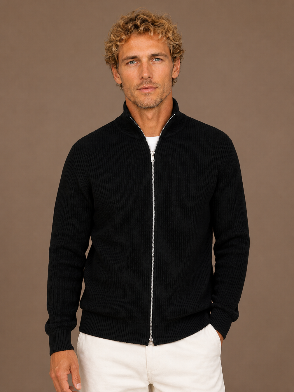 Men’s Ribbed Full Zip Cardigan with Stand Collar – Knitted Sweater for Autumn and Winter - Black