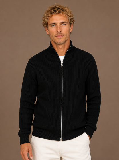 Men’s Ribbed Full Zip Cardigan with Stand Collar – Knitted Sweater for Autumn and Winter - Black
