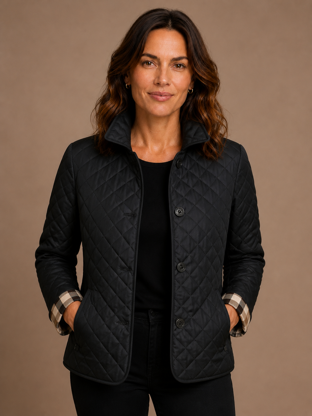 Women's Lightweight Quilted Jacket with Lapel Collar and Relaxed Fit - Black