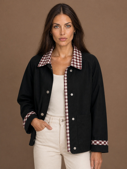 Women's Barn Jacket with Checked Collar - Autumn Winter Outerwear Coat - Black