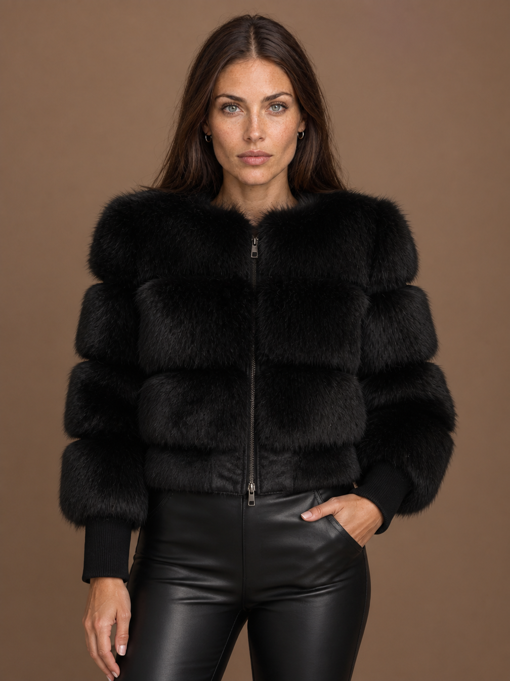 Women's Faux Fur Cropped Jacket – Plush Winter Coat with Relaxed Fit - Black