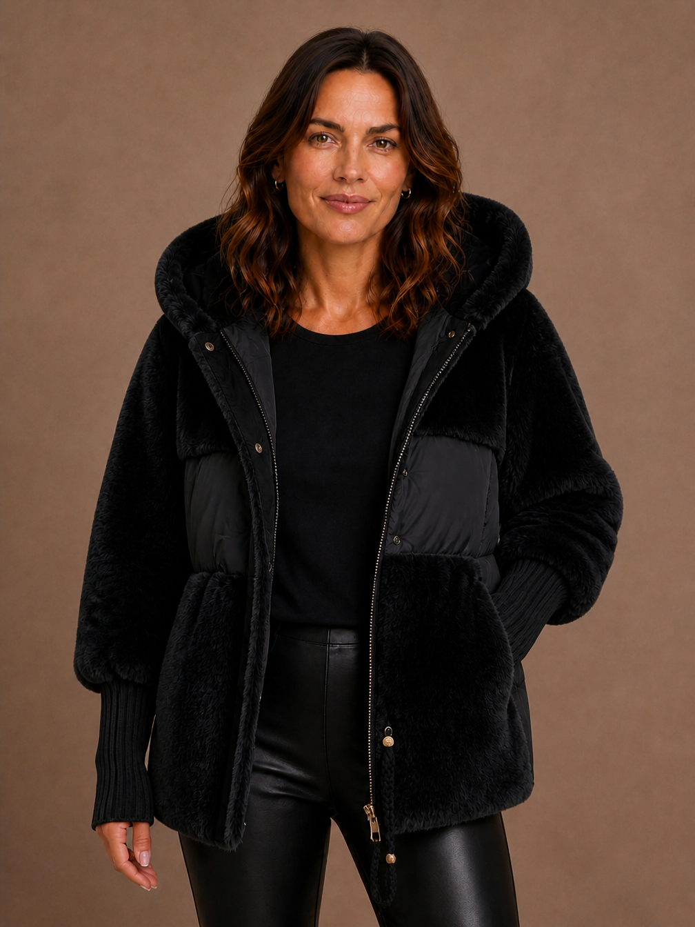 Women's Plush Hooded Winter Coat with Faux Fur Panels and Quilted Detail - Black