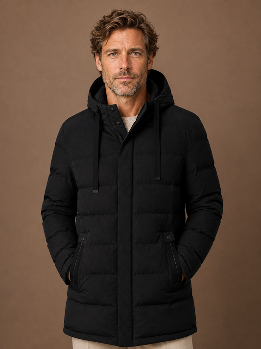 Men's Long Hooded Puffer Jacket Insulated Winter Coat - Black