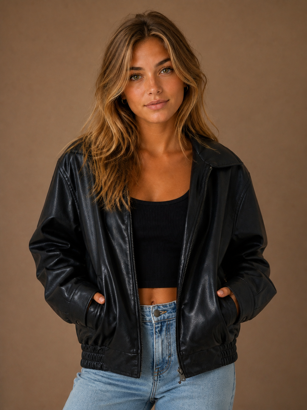 Women's Oversized PU Leather Jacket, Casual Brown or Black Faux Leather Coat - Black